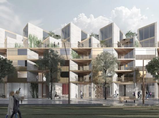 Visionsbilden visar Navet, Kärnhems och Arkitema Architects vinnande förslag för kvarteret mellan Nobelparken och Brunnshögs torg i centrala Brunnshög.