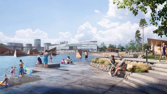 Den nya strandparken och badanläggningen ska bli Bergens nya signum (bilden är en illustration).