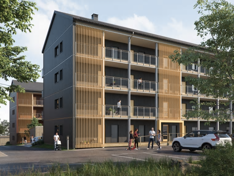 3D-illustration av BoKloks kommande bostadsrättsprojekt vid Gävletravet i Gävle.