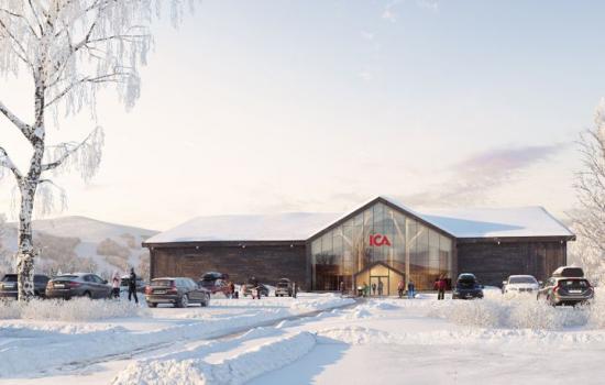Illustration av ICA Supermarket Lindvallen, som blir ICAs första butik i massivträ. Butiken beräknas öppna till vintern 2020/2021.