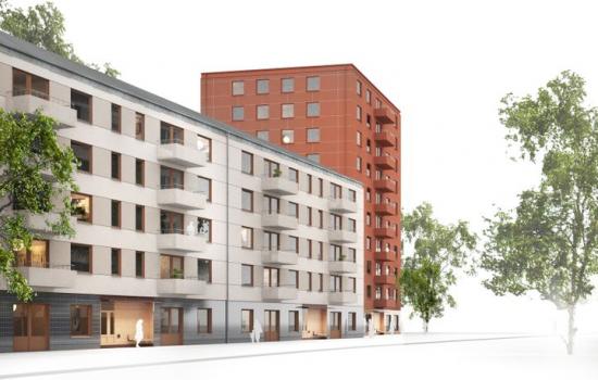 Stockholmshusen i en moderna stadsmiljö från den reviderade gestaltningsprogrammet (bilden är en skiss och resultatet kan komma att variera).