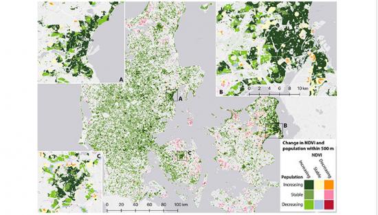 Förändringar i befolkningstäthet och grönska (A): &Aring;rhus, (B): Köpenhamn, (C): Odense.