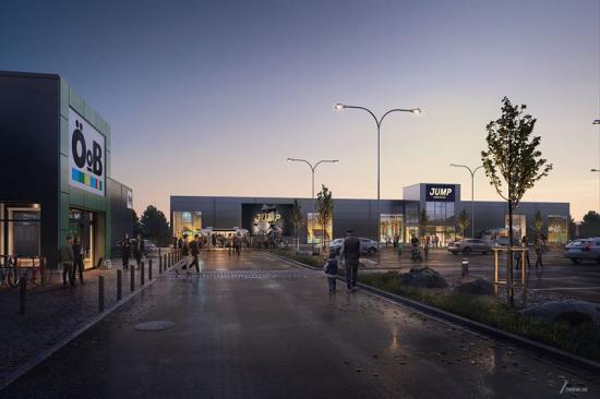 Visionsbild över handelsområdet Ersboda/Mariedal, med den nya padelhallen rakt fram (bilden är en illustration).