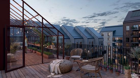 Kvarteret Daggkåpan kommer att få många ytor för social gemensakp, bland annat takterrass med växthus (bilden är en illustration).