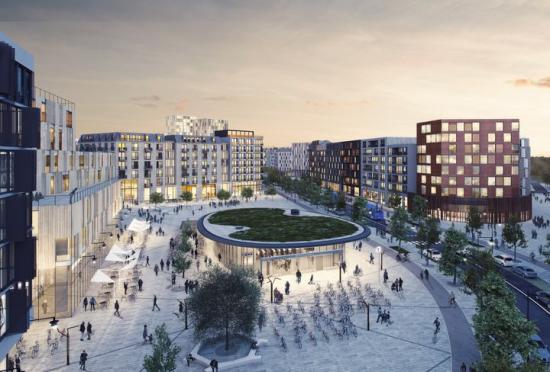 Sveatorget i Barkarbystaden där Wallenstam planerar för 270 bostäder, kontor och kommersiella lokaler. Här blir Barkarbystadens stadsmiljö som mest livfull med tunnelbana, kontor, handel, restauranger, kaféer, service, och bostäder (bilden är en illustration).