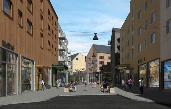 Kvarter 7, 8 och 9 i nya Kiruna, gatuperspektiv.