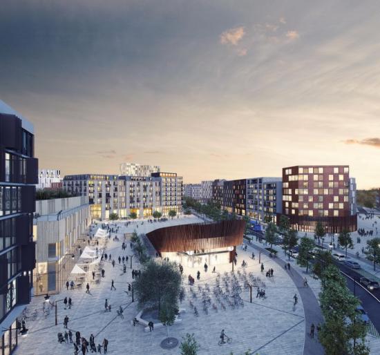 Visionsbild över ”Tunnelbanetorget” i Barkarbystaden. Här kommer tunnelbanans nya station Barkarbystaden att ha en av sina två uppgångar och det är också här som stadslivet blir som mest intensivt med handel, service och kontor.