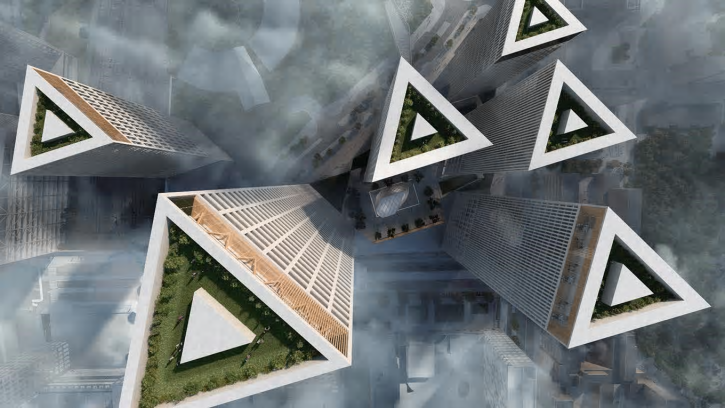 Så här kommer Tower Square kommer se ut från luften. Illustration av  YIT Construction Ltd. i samarbete med Architects Lahdelma & Mahlamäki Ltd.