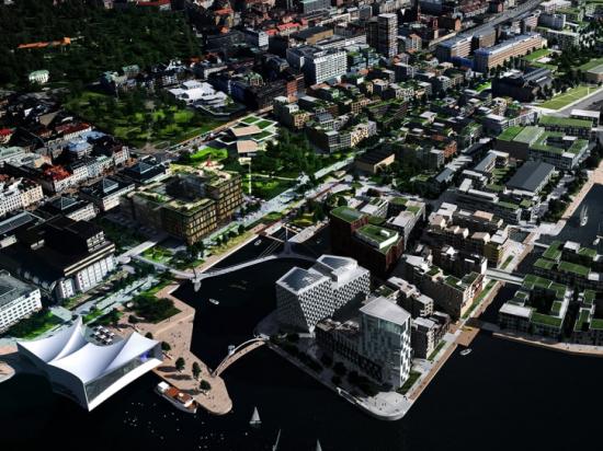 Visionsillustration för framtida utveckling av området mellan Helsingborg C och Hermes 10 (gamla Tretornfabriken).