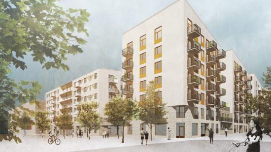Illustration av HållBos nybyggnadsprojekt i Barkarbystaden.