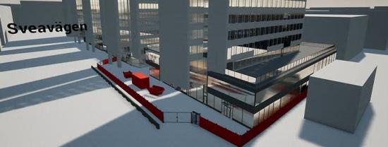 Framtagen bild från TyrEngine som visar ombyggnationer med vy över Sveavägen, projekt Sergelgatan.