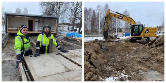 Rickard Backlund och Knut Karlsson, Cramo, jobbar med bodetablering på Noliaområdet, där Fastec är entreprenören när ThorenGruppen uppför en multisporthall och en fotbollshall.