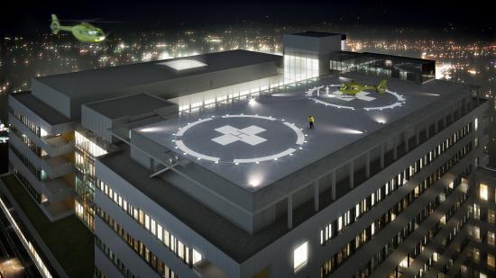Illustration av helikopterplattan på Nya Karolinska Sjukhuset.