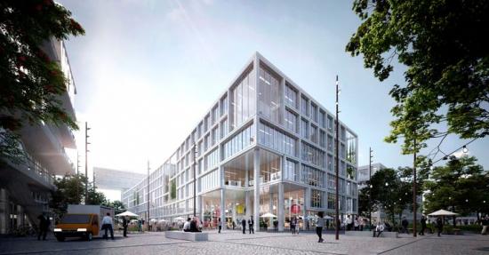 Illustration över MK7, en ny toppmodern, innovativ och unik kontors- och affärsbyggnad i Werksviertel-Mitte i München.