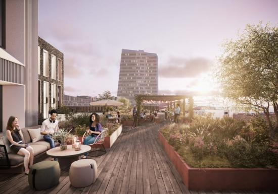 Kvartetten kommer få en stor takterrass med utomhusarbetsplatser och möjlighet till miljöombyte. (bilden är en illustration).