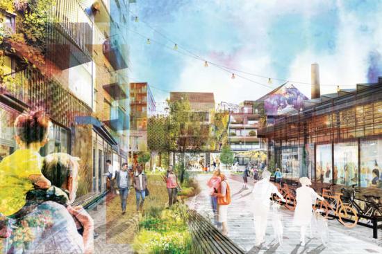 Visonsbild för framtidens Västerbro. Bilden är ett kollage baserat på planerna för hur den nya stadsdelen ska utformas och byggas.