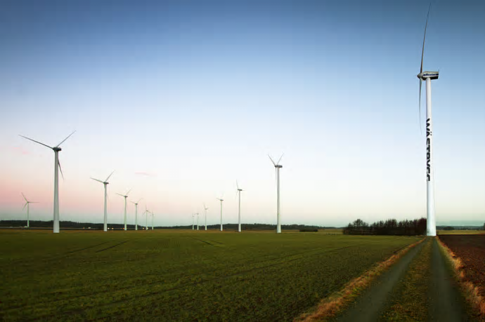 Wästbyggs vindkraftverk utanför Falkenberg stod under 2017 för ungefär en tredjedel av företagets energiförbrukning.