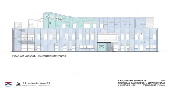 Skiss på Waterfront, nytt kontor och servicebyggnader i Trelleborgs Hamn.
