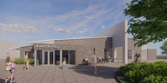 Visionsbild över <span>badhuset Kaskad som ska byggas i Skene i Marks kommun (bilden är en illustration).</span>
