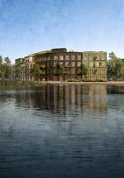 Närmast sjön bygger Nordrs ett kvarter med cirka 50 bostadsrätter (bilden är en illustration).
