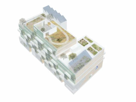 Fastigheten kommer ha en gemensam takterrass, som även ger plats för solceller (bilden är en illustration).