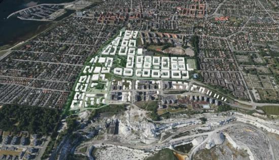 Ett första skissförslag på hur Limhamns nya stadsdel skulle kunna se ut med ny gatu- och kvartersstruktur.