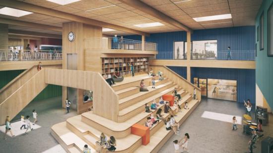 Flesberg skola byggs i korslimmat massivträ. Trä är också det material som dominerar interiören.