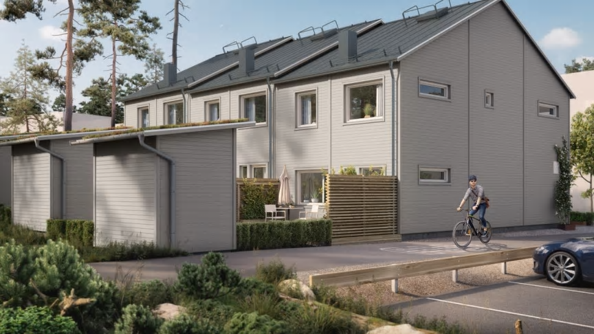 OBOS utvecklar bostäder både i Lilla Källviken och i Surbrunnshagen. Ovan projektet Brf Högbobäcken med 18 radhus (bilden är en illustration).