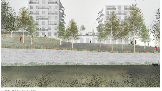 Illustration över hur ny bebyggelse på Johannesberg skulle kunna se ut från Stockholmsvägen.