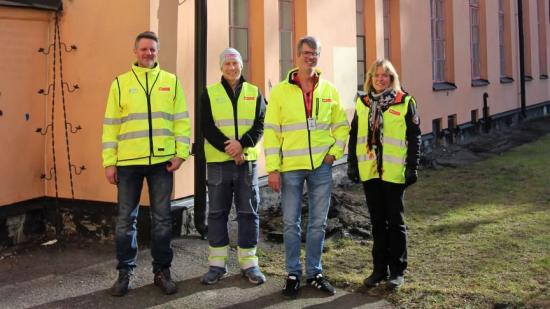 Anders Karlsson, Rolf Frank, Anders Radinger och Christina Lindén från M3 Bygg, som alla är delaktiga i renoveringen av Stockholms Stadsmissions nya mötesplats St Paul.