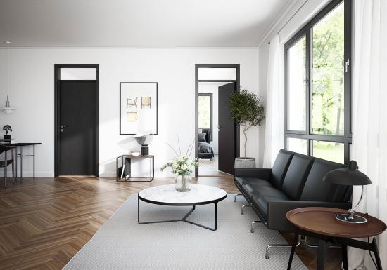 Plan ger ett modernt och minimalistisk uttryck till rummet. Den rena formen i den släta dörren blir i sin enkelhet en canvas av möjligheter.