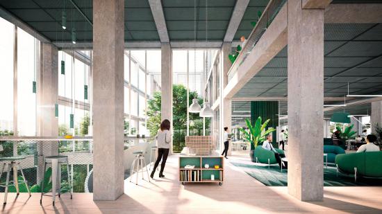 Illustration över MK7, en ny toppmodern, innovativ och unik kontors- och affärsbyggnad i Werksviertel-Mitte i München.