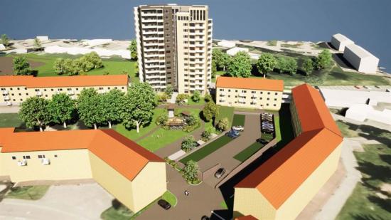 Facklan och omfattar ett nytt bostadshus med 64 <span>hyreslägenheter</span> (bilden är en illustration).