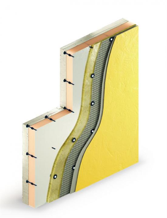 Kombination för putsade fasadlösningar där putsbeslagen fästs mot den fixeringspunkten utan förborrning i betong.