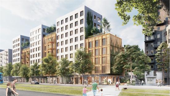 Det nya bostadskvarter ska byggas på Hälsovägen i Flemingsberg och kommer ge plats för 300 nya bostäder (bilden är en illustration).