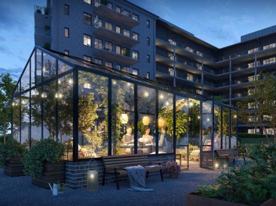 Brf Prefekten i Mölndal erbjuder lägenheter i varierande storlekar, stora balkonger, en trivsam grön innergård med gemensamt växthus och gemensamt gym (bilden är en illustration).
