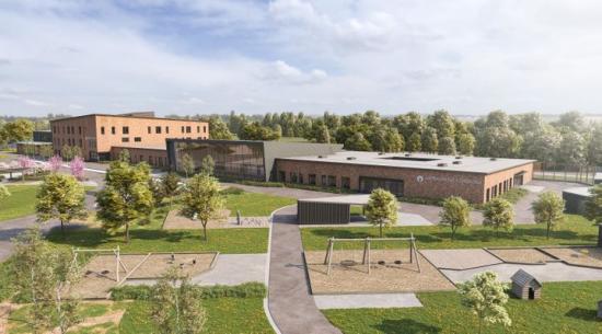 Så här kommer det att se ut när Tingvallaskolan och Aspbackens förskola är färdigbyggda sensommaren 2022 (bilden är en illustration).