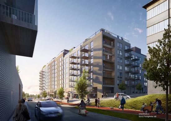 Visionsbild över det nya flerbostadshuset som ska byggas i Ekebäckshöjd, Göteborg.