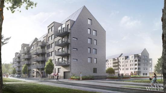 Visionsbild för &Ouml;rebroBostäders nya bostadshus med tillhörande förskola i södra Ladugårdsängen i &Ouml;rebro.