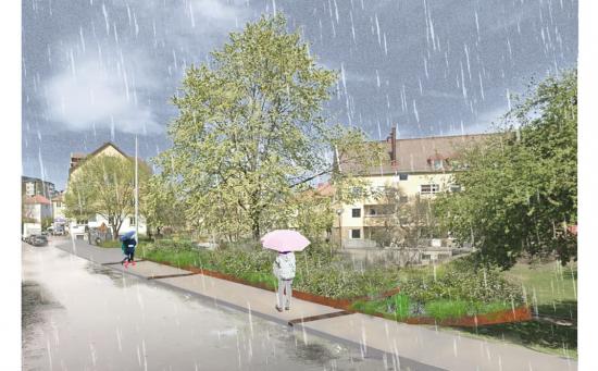 Skiss över den kommande regnrabatten som ska minska översvämningarna i Brämaregården.