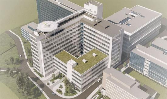 Ny vårdbyggnad vid Danderyds sjukhus. Bilden är en illustration som visar byggnadens ungefärliga storlek. Utformning och fasad kan komma att ändras.