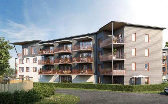 <span><span><span>Visionsbild över de 34 bostadsrätterna som ska byggas i området Stenvik i Oxelösund, Södermanland (bilden är en illustration).</span></span></span>