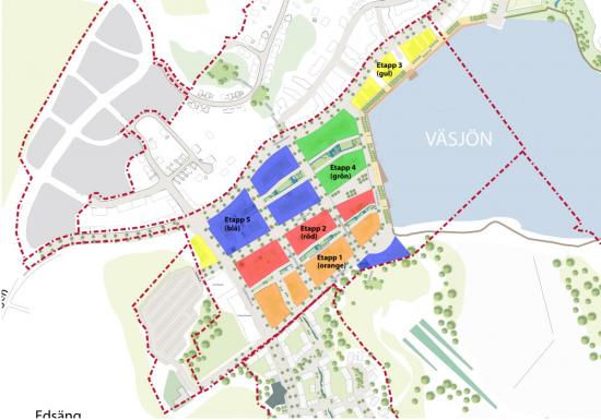 I etapp 1 byggs cirka 300 bostäderna vid Väsjö torg längs nya Slalomvägen. Bostäderna blir klara omkring 2023. Under 2021 fortsätter planeringen för försäljning av ytterligare byggrätter på Väsjö torg. Totalt beräknas omkring 1 000 bostäder att kunna byggas här i etapper fram till omkring 2029.