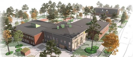 Skiss över skolan som ska byggas i stadsdelen Stockfallet i Karlstad.
