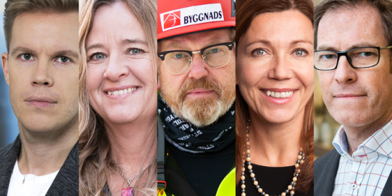 På bilden fr. v. Martin Hofverberg, chefekonom, Hyresgästföreningen. Claudia Wörmann, boendeekonom, SBAB, Johan Lindholm, förbundsordförande, Byggnads, Tanja Rasmusson, näringspolitisk chef, Byggföretagen, och Martin Lindvall, samhällspolitisk chef, Fastighetsägarna.