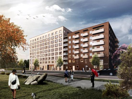 Visionsbild över bostadskvarteret som ska byggas i Barkarbystaden (bilden är en illustration).