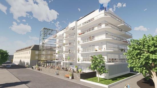 Fastighetsbolaget Lomma Tegelfabriks visionsbild över Hotel Carlshamn med spaanläggning på övre plan (bilden är en illustration).