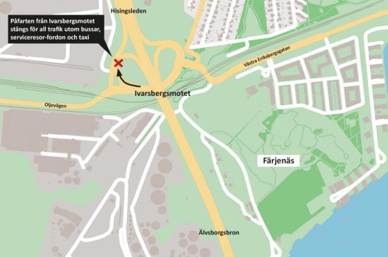 Kartan visar påfarten till &Auml;lvsborgsbron från Ivarsbergsmotet.