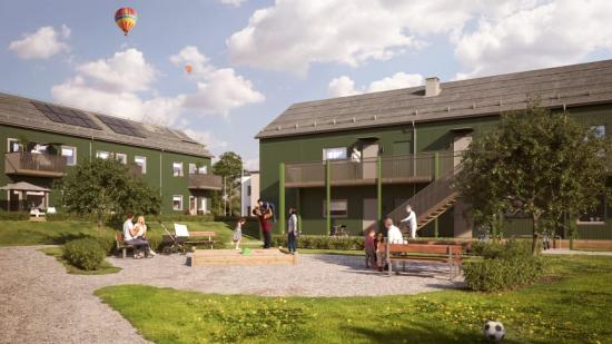 Illustration av innergården med gröna ytor och lekplats, BoKlok Knyttet på Telestadshöjden i Växjö.