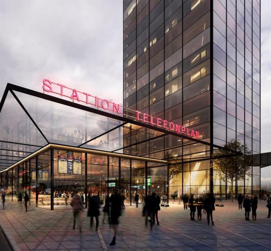 Visionsbild över hur den ny entrén till Telefonplans stations samt den nedre delen av Tellus Tower skulle se ut enligt de gamla ritningarna. Det återstår att se hur de nya visionsbilerna kommer att se ut (bilden är en illustration).